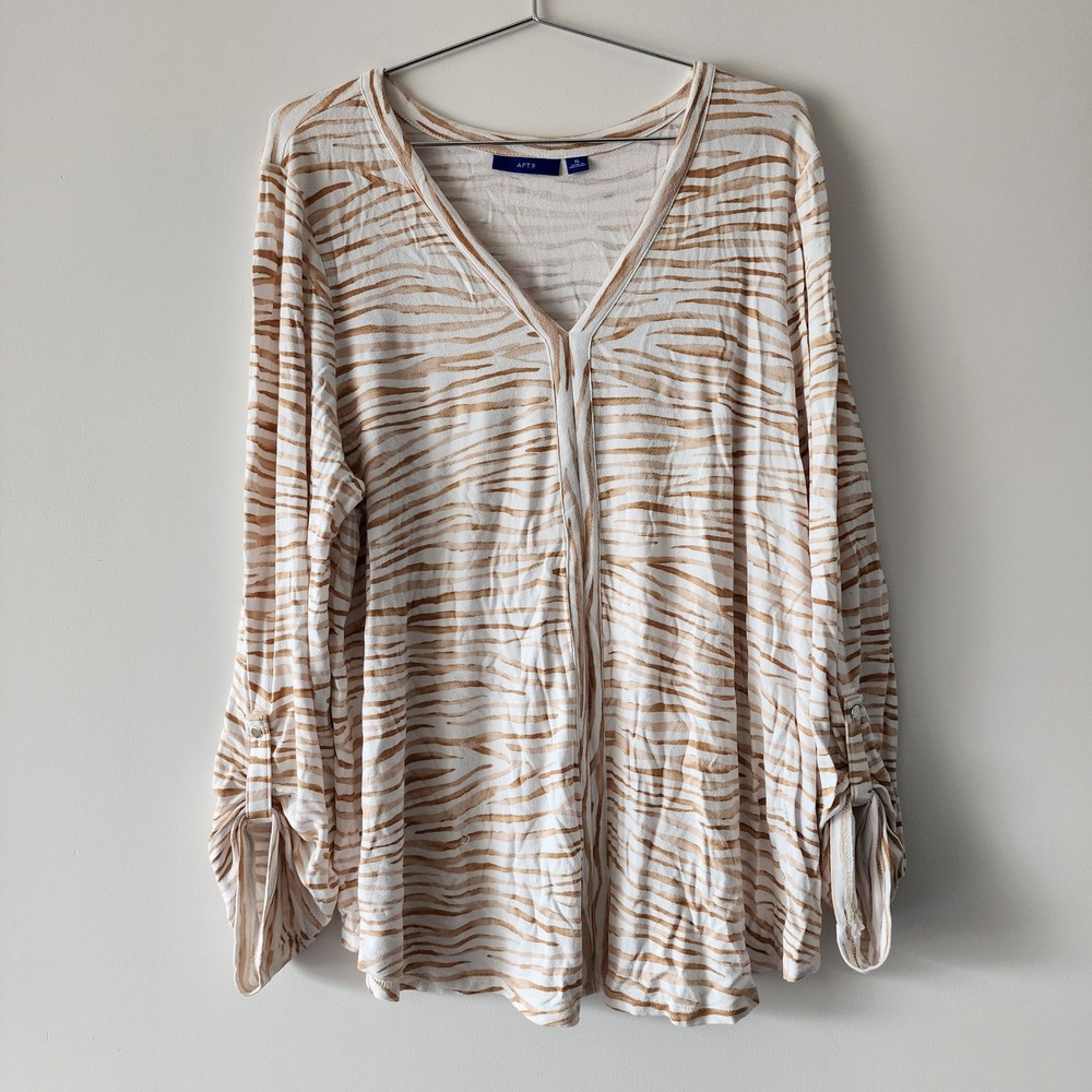 Apt 9 V-Neck Top Women XL Tan Zebra Animal Print Roll Tab Casual Stretch